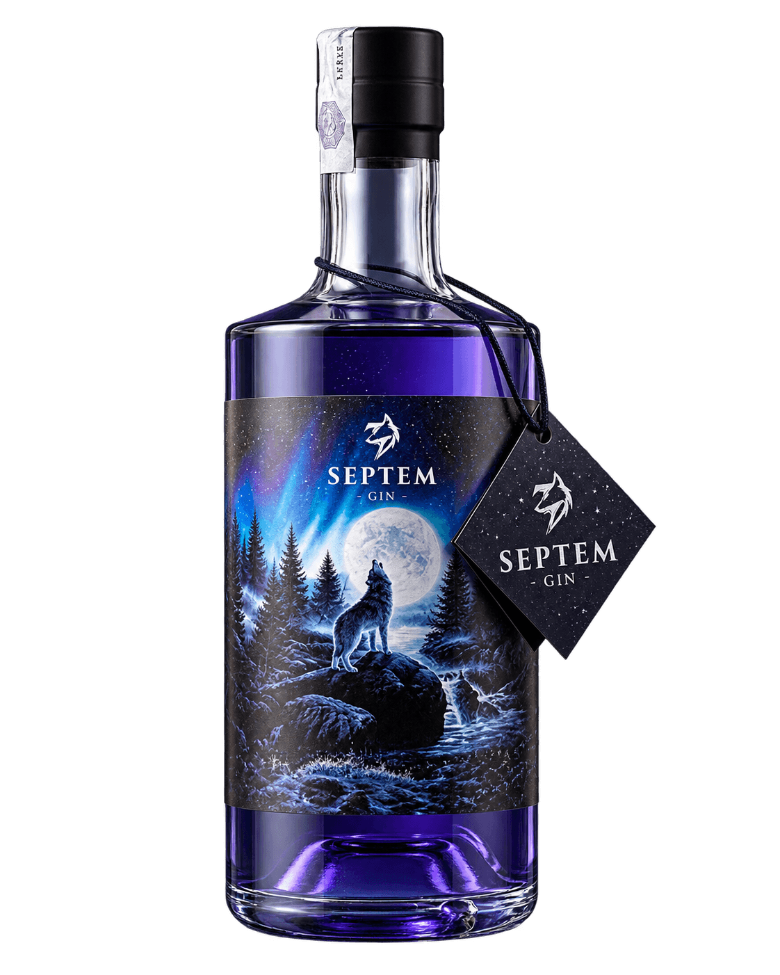 Bottiglia di Septem Gin 70 cl: liquido blu notte, etichetta con il lupo che ulula alla luna sotto l'aurora